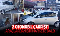 2 Otomobil Çarpıştı Araçlardan Biri Markete Daldı